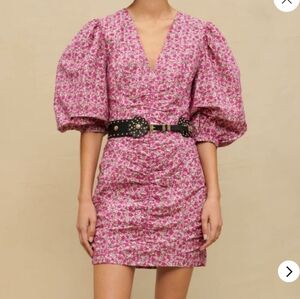 Maje Pink Floral Puff-Sleeve Mini Dress